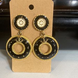 Joan Rivers black enamel with gold pierced drop earrings